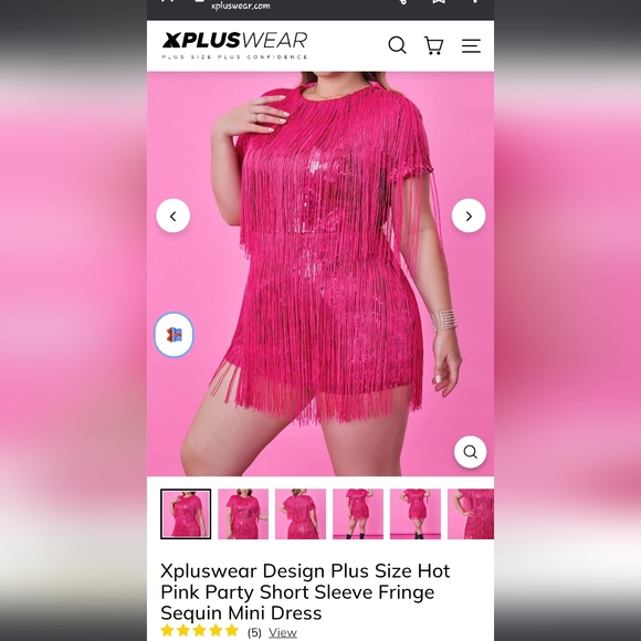 Xpluswear Design Plus Size Hot Pink Party Short Sleeve Fringe Sequin Mini Dress - Picture 5 of 5
